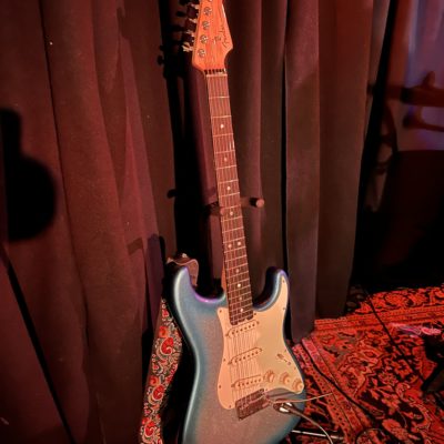 My main guitar, a 2018 Fender American Elite Stratocaster in Sky Burst Metallic with an ebony fingerboard and 4th generation noiseless single-coil pickups.